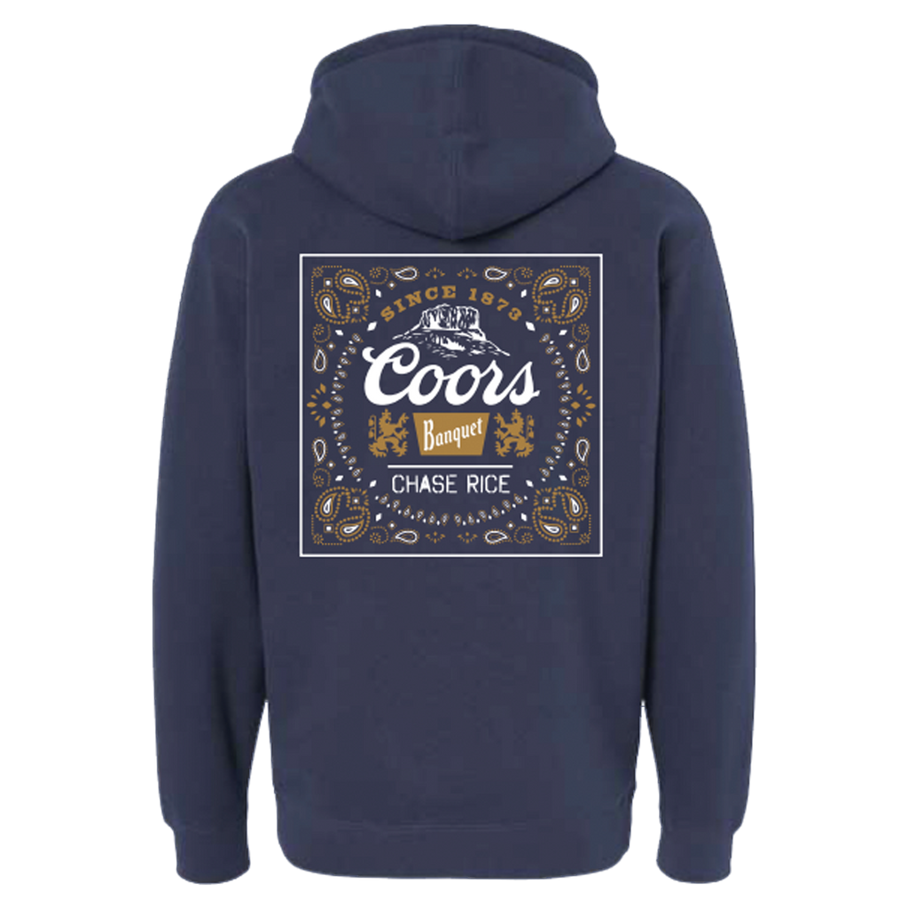 Navy blue hooded sweatshirt with a Coors beer logo design on the back.