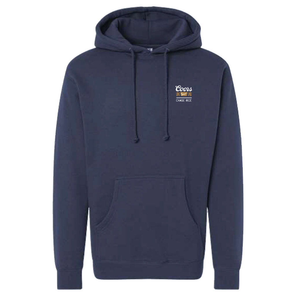 Navy blue hooded sweatshirt with a small embroidered logo on the chest.