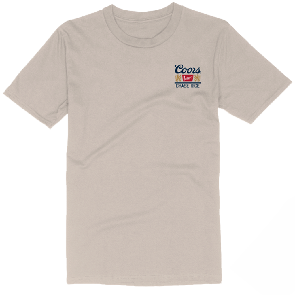 Beige t-shirt with a small Coors Light logo on the chest.