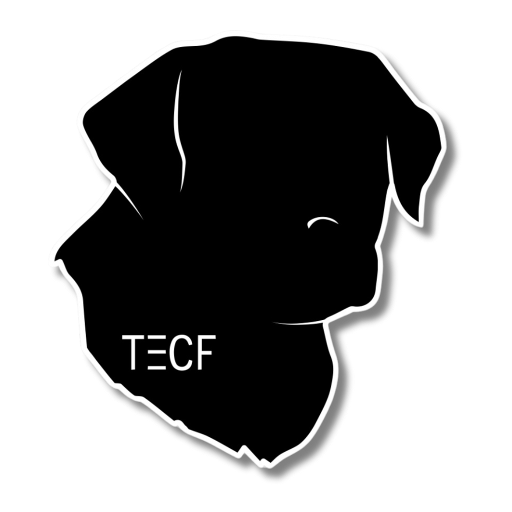 Silhouette of a dog’s head with ’TECF’ text on its neck.