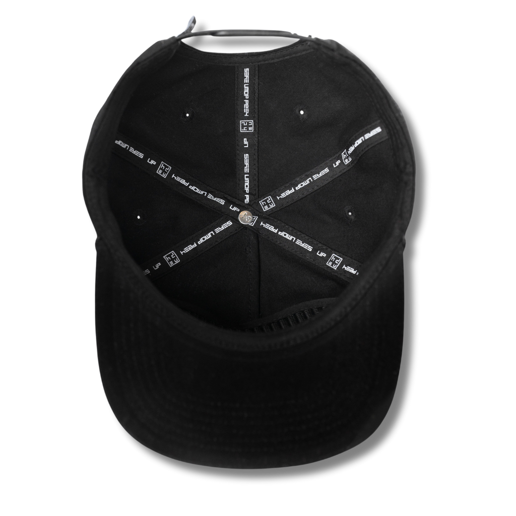 Black baseball cap with white stitching visible on the underside.